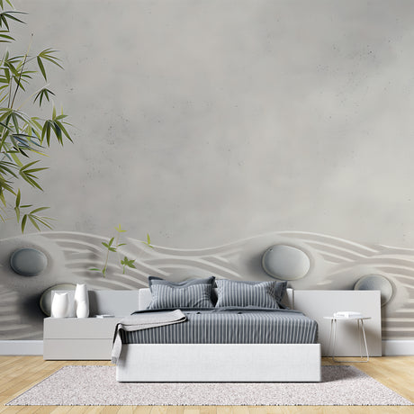 Bamboo zen garden wallpaper creating serenity in a modern living room with natural light