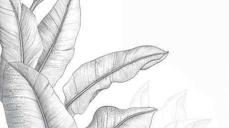 Minimalist black and white banana leaf pattern design file showing detailed line art illustration