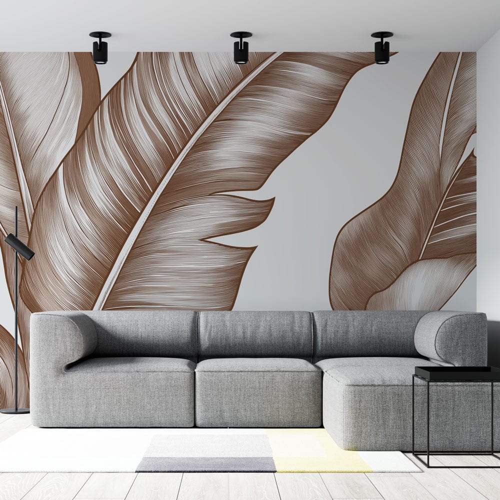 Brown banana leaf line art wallpaper in modern dining room with natural light showing scale and sophistication