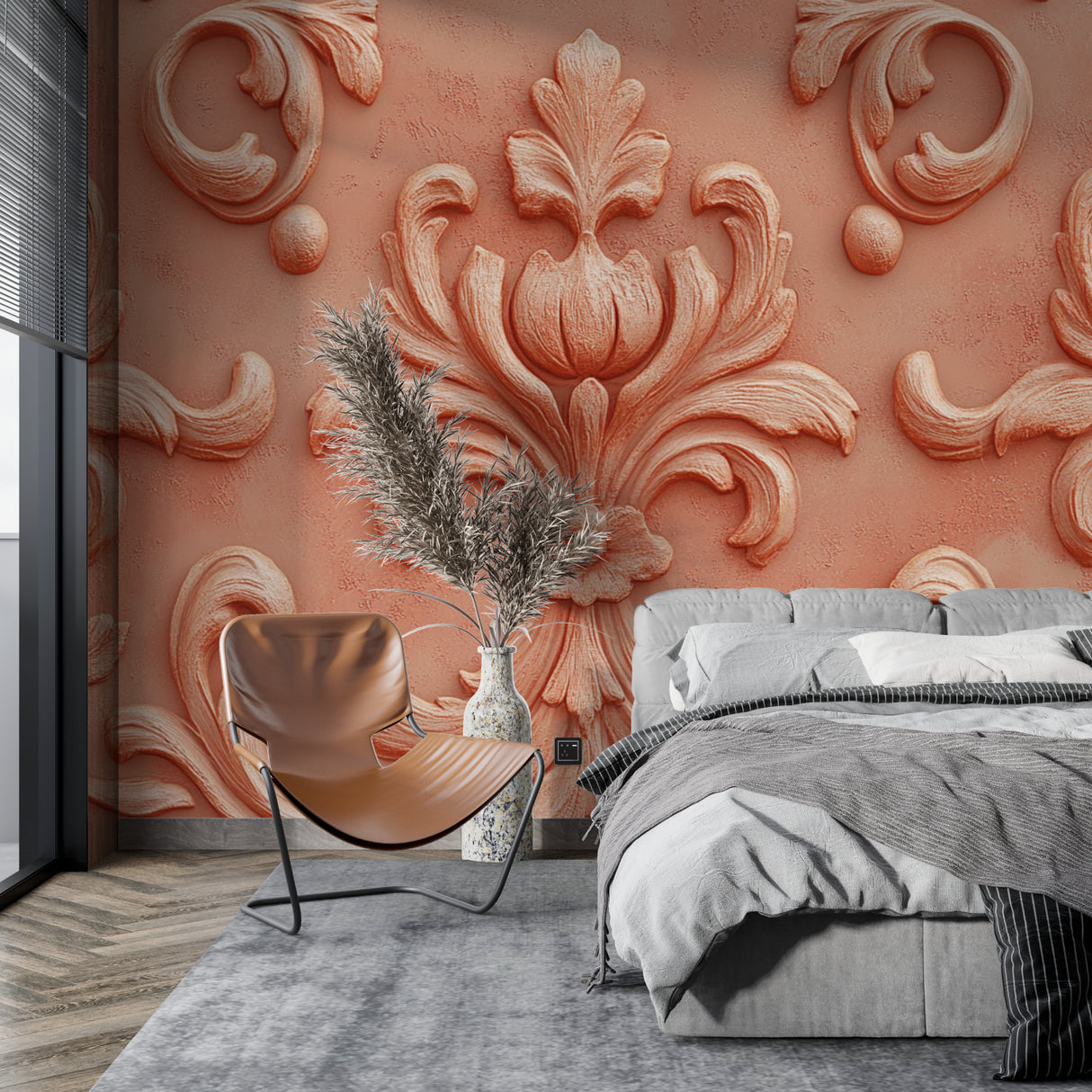 Baroque damask wallpaper in elegant dining room with warm terracotta tones creating depth and dimension