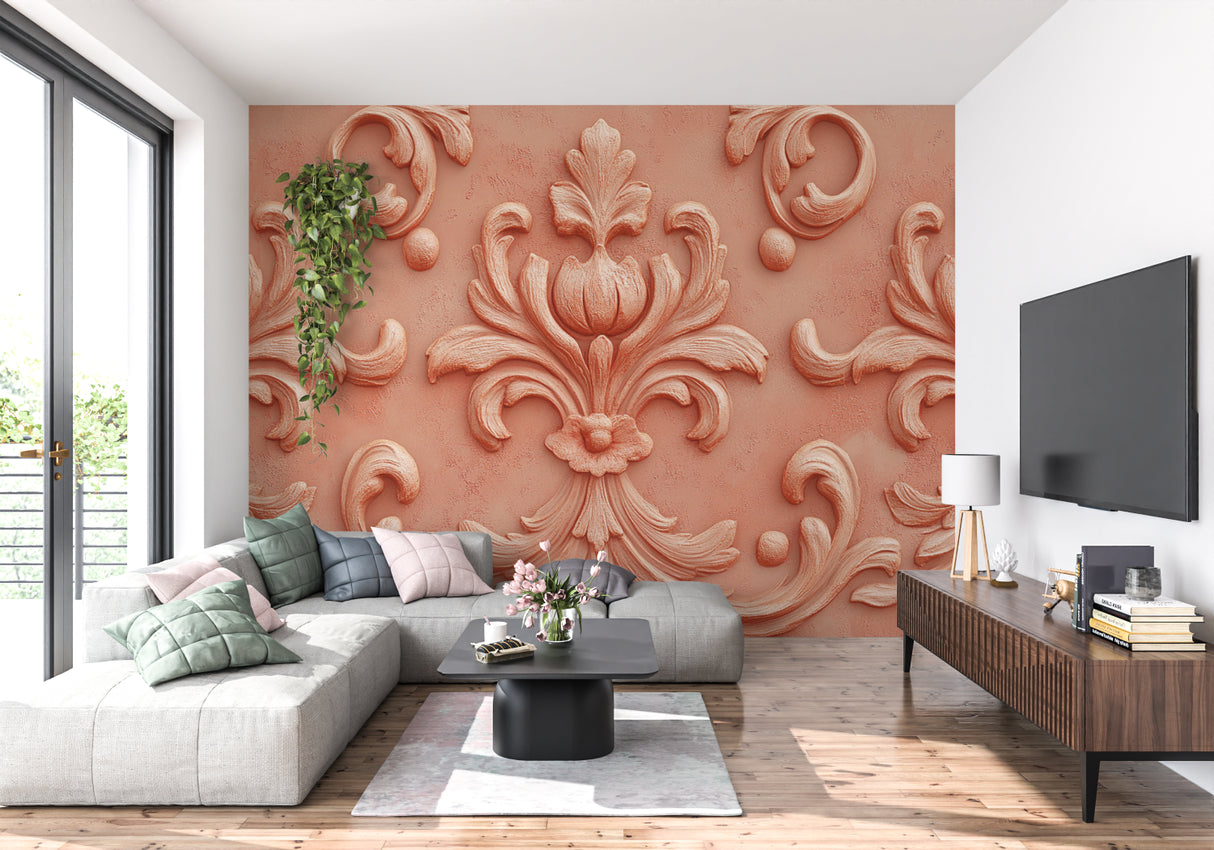 3D baroque wallpaper showcased in master bedroom with soft lighting highlighting damask pattern