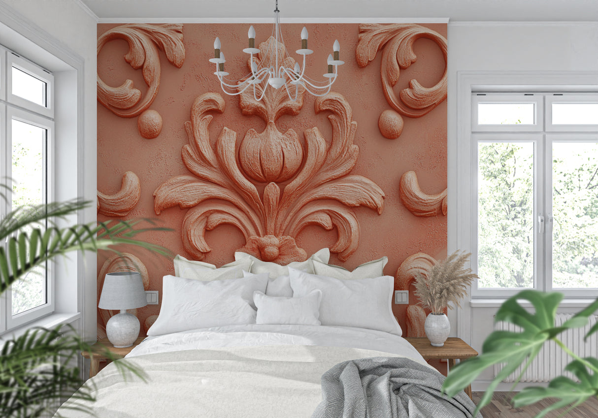 Terracotta damask wallpaper adding warmth to modern living room setting
