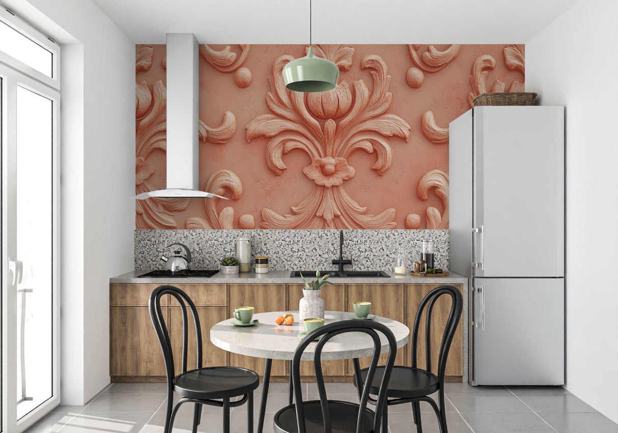 Classic baroque pattern wallpaper featured in luxury home office space