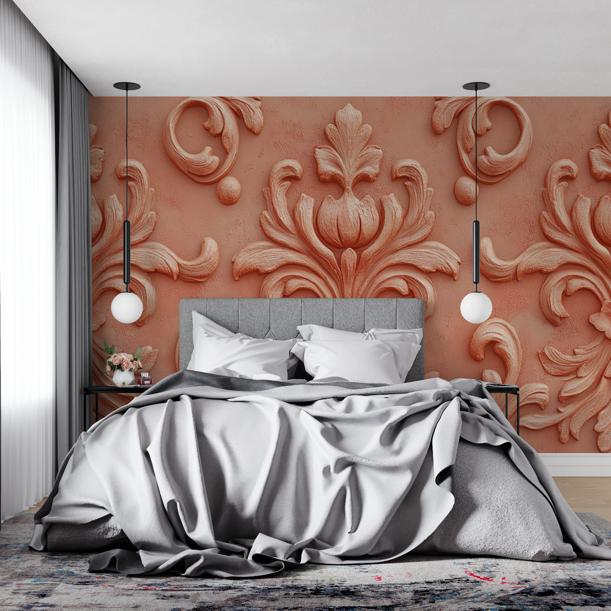 3D damask wallpaper creating dramatic accent wall in hallway