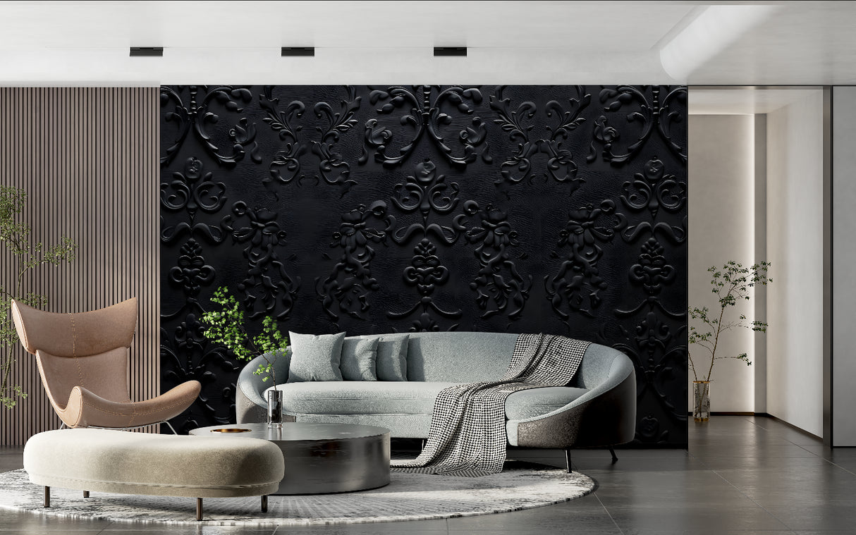 Black damask wallpaper creating depth in modern living room, showing 3D baroque pattern catching natural light