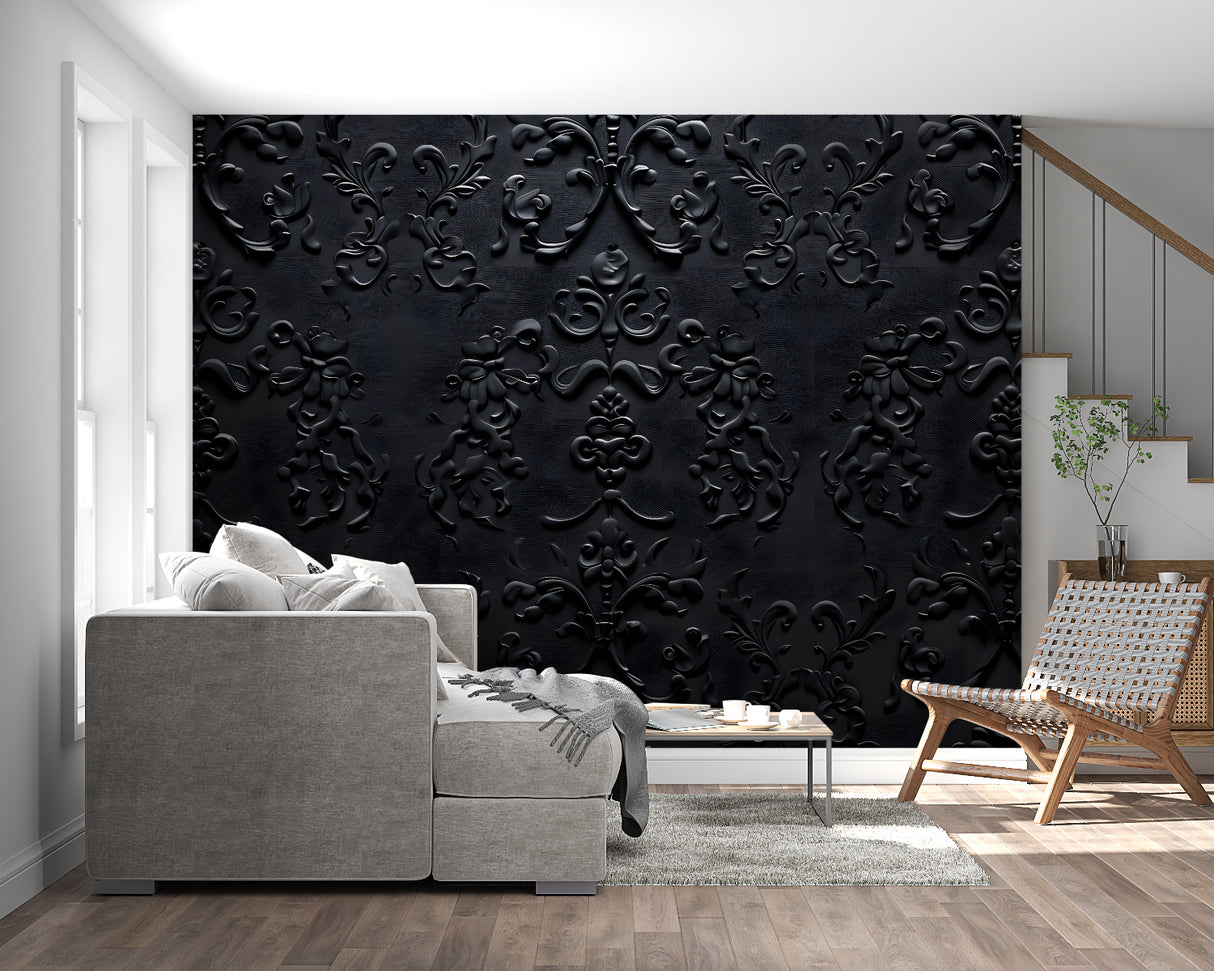 Elegant dining room with black 3D baroque wallpaper making a dramatic statement wall