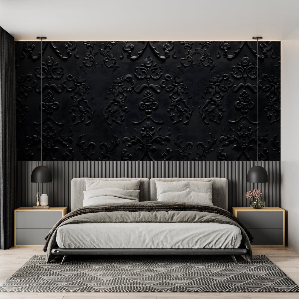 Master bedroom featuring sophisticated black damask wallpaper with 3D effect