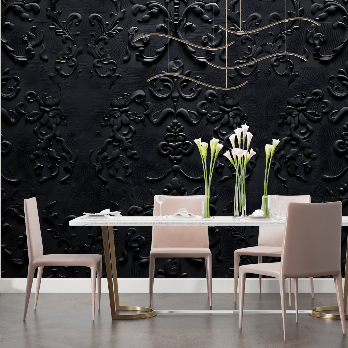 Home office space transformed with black baroque pattern wallpaper showing depth and texture