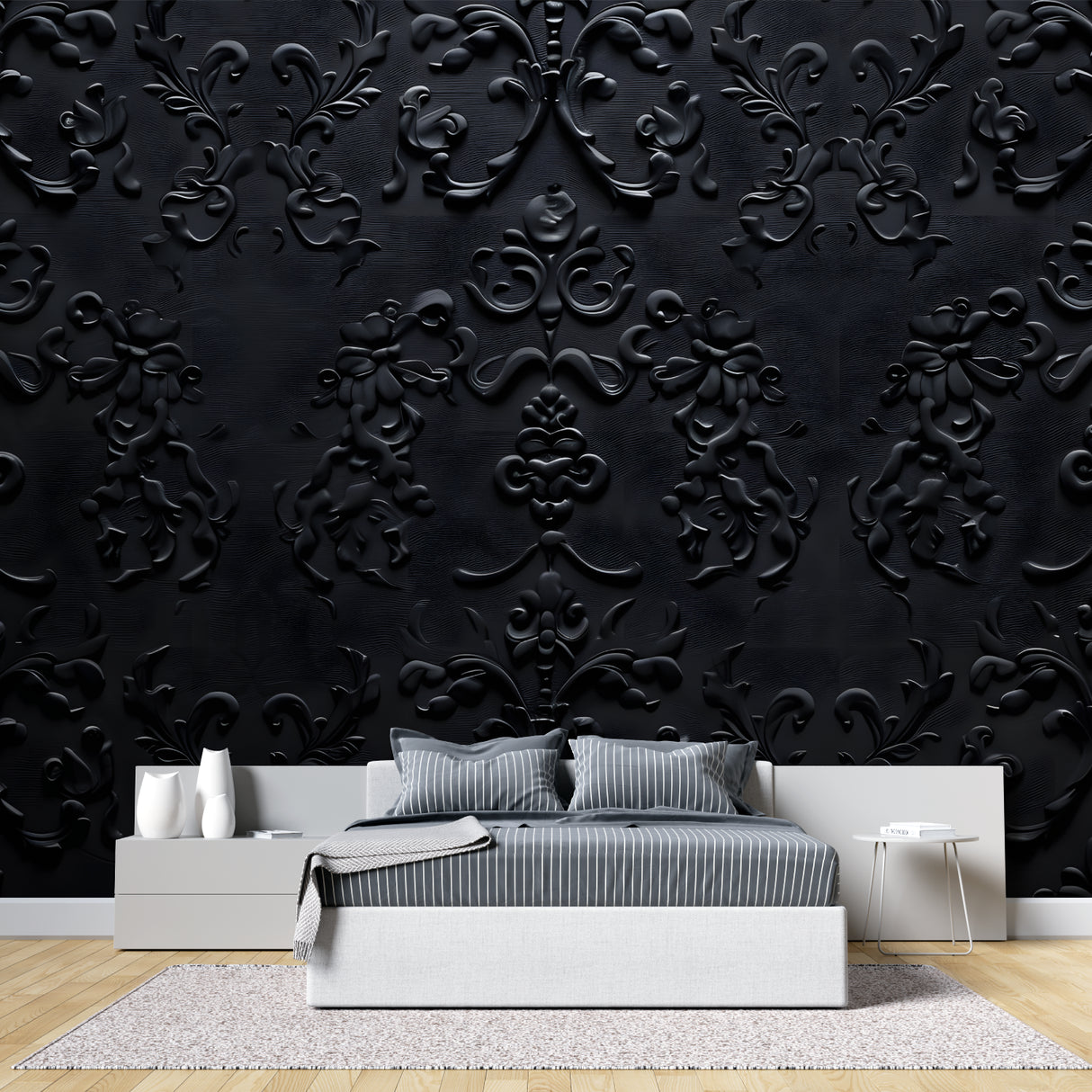 Hallway decorated with 3D black damask wallpaper creating an elegant entrance