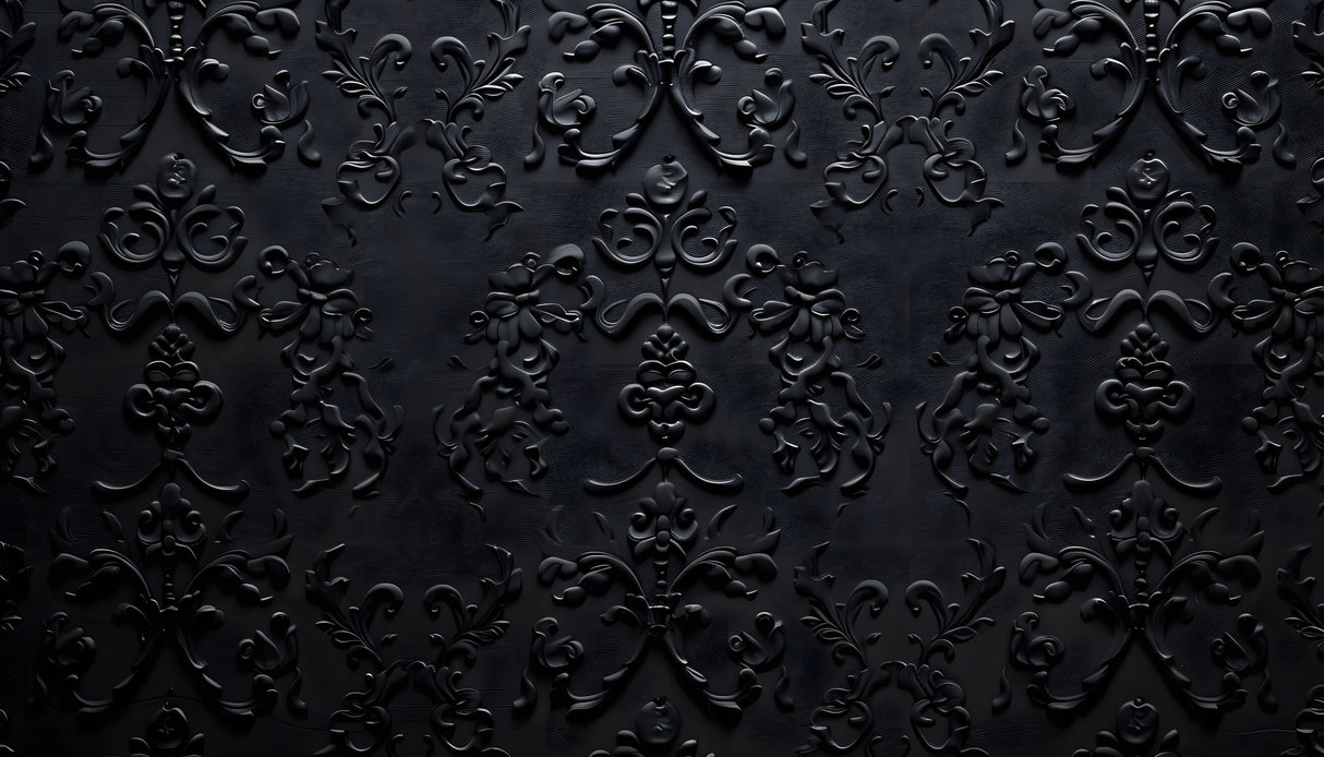 Black baroque wallpaper design file showing intricate 3D damask pattern details