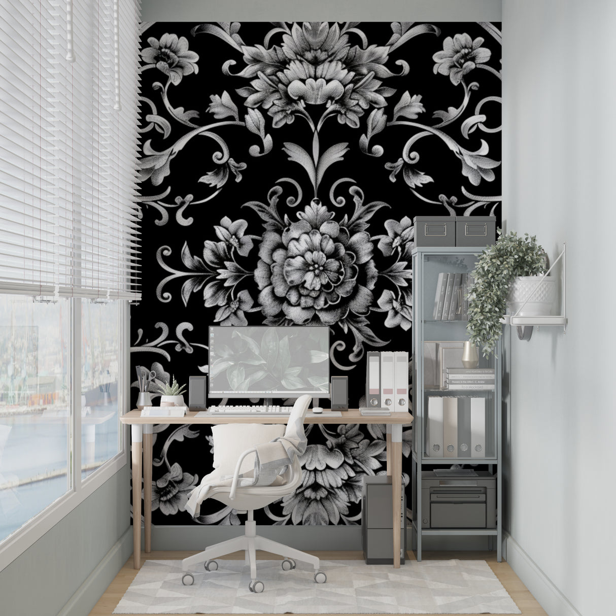 Black and silver baroque wallpaper in elegant living room with high ceilings