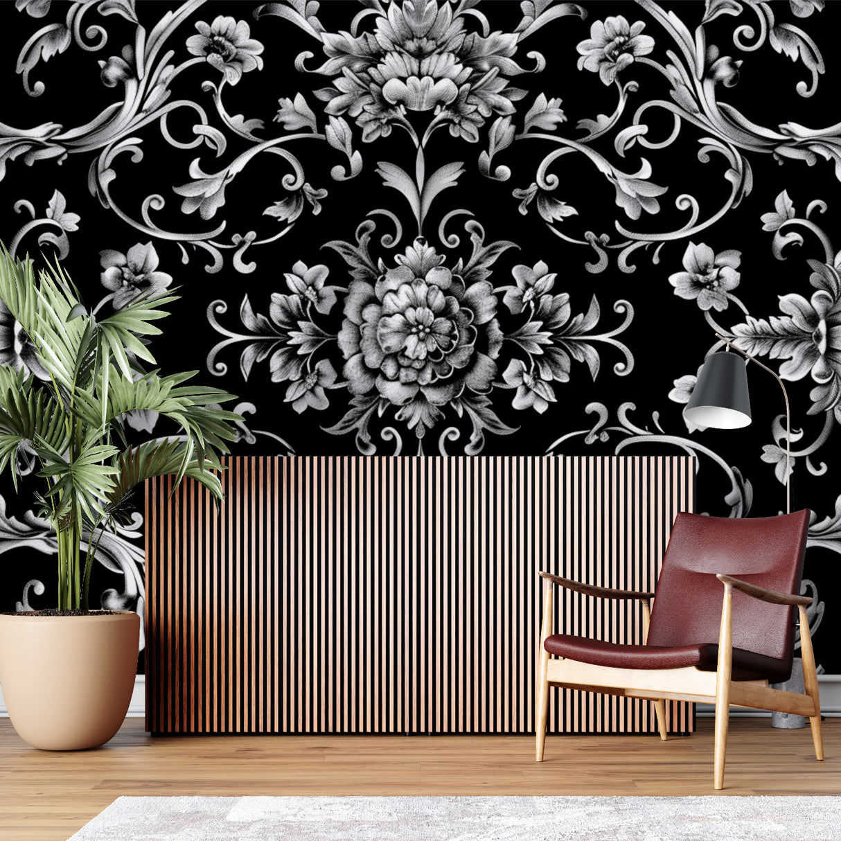 Silver baroque pattern wallpaper in home office with modern furniture
