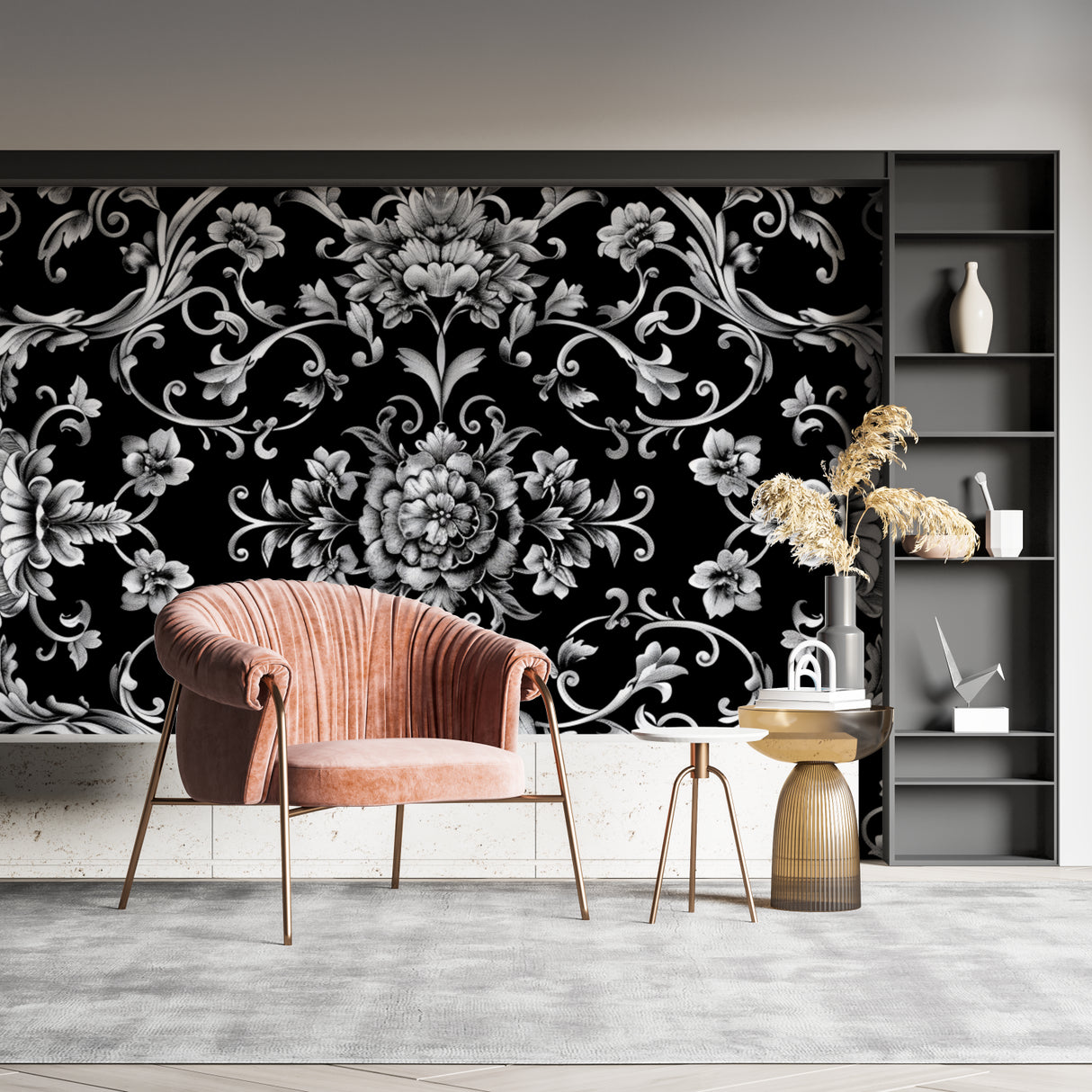 Dramatic black and silver floral wallpaper in hallway setting