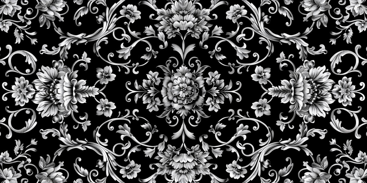 Design file showing intricate black and silver baroque floral pattern