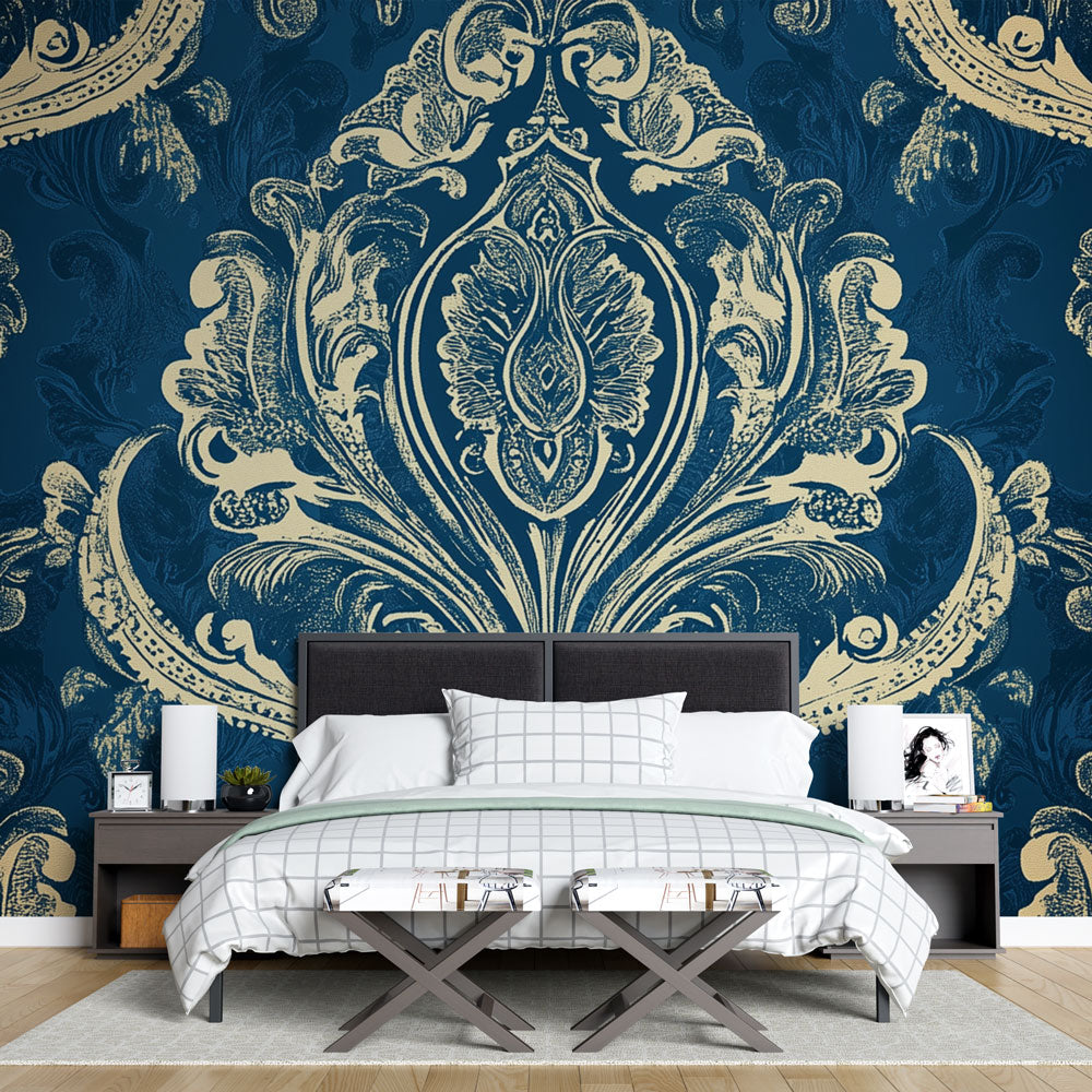Baroque wallpaper mural in navy and gold creating drama in a modern dining room with crystal chandelier