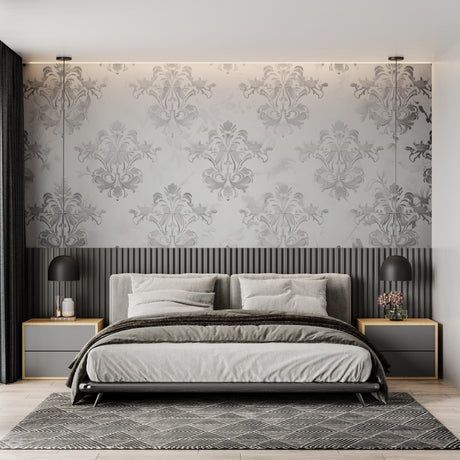 Grey Damask wallpaper in modern living room showing pattern detail and soft lighting effects