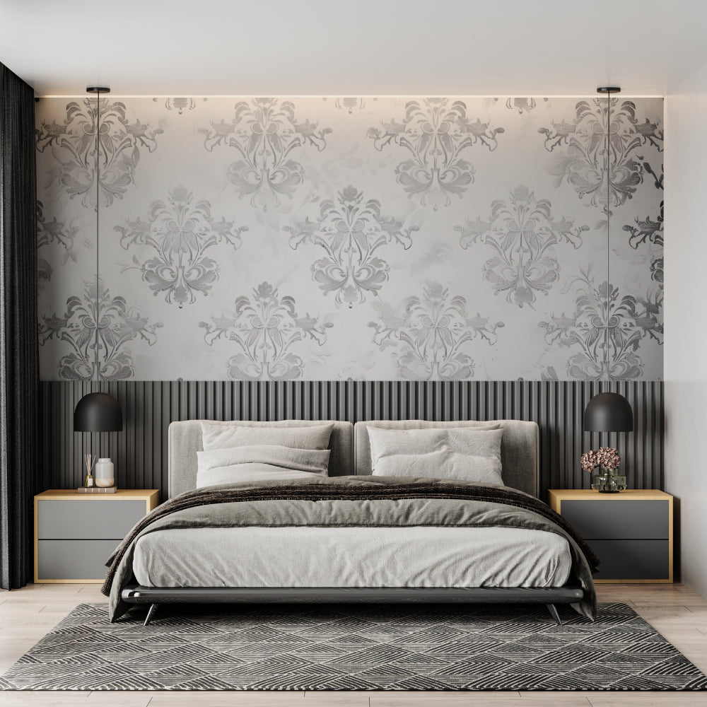 Grey Damask wallpaper in modern living room showing pattern detail and soft lighting effects