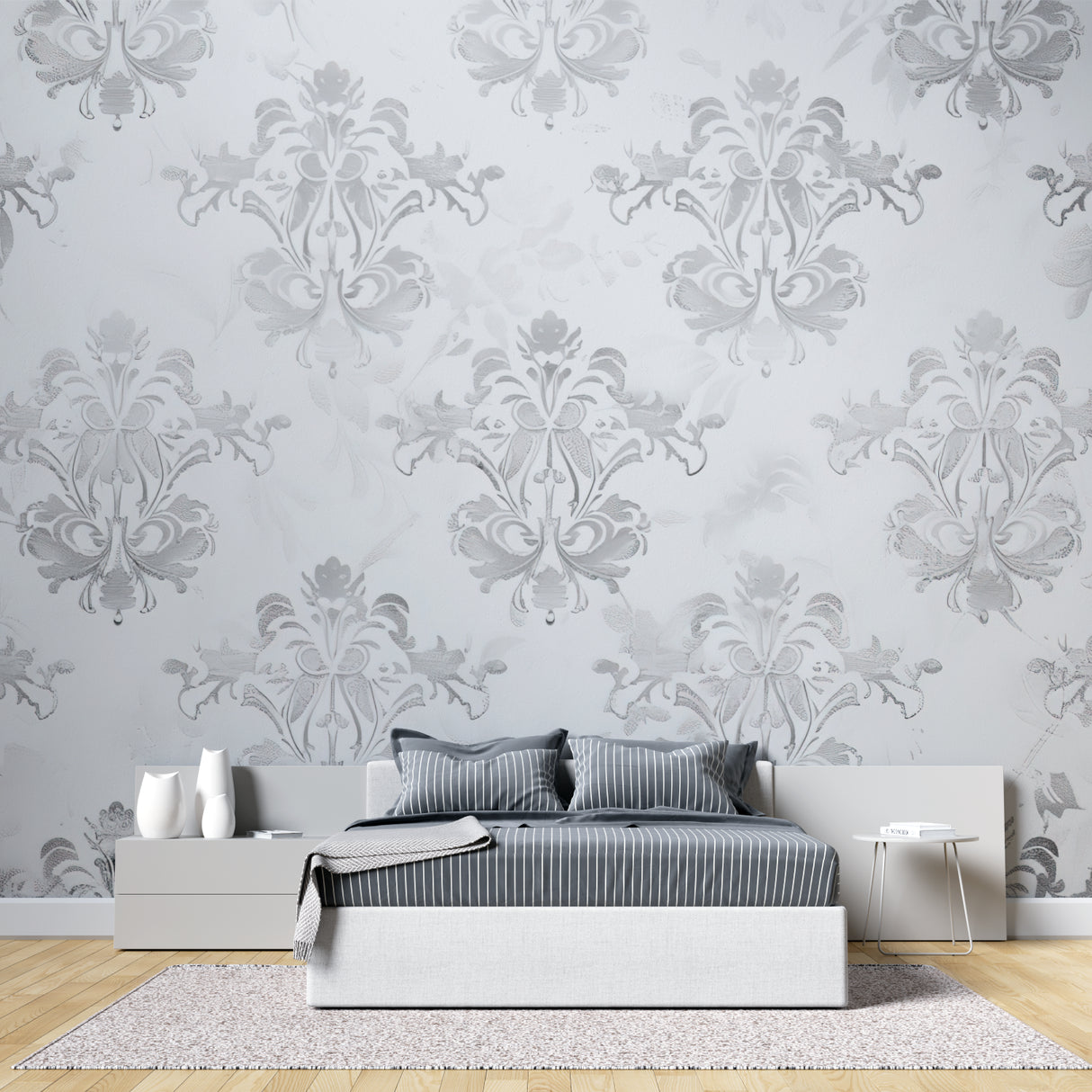 Grey Baroque pattern wallpaper in home office with modern decor elements