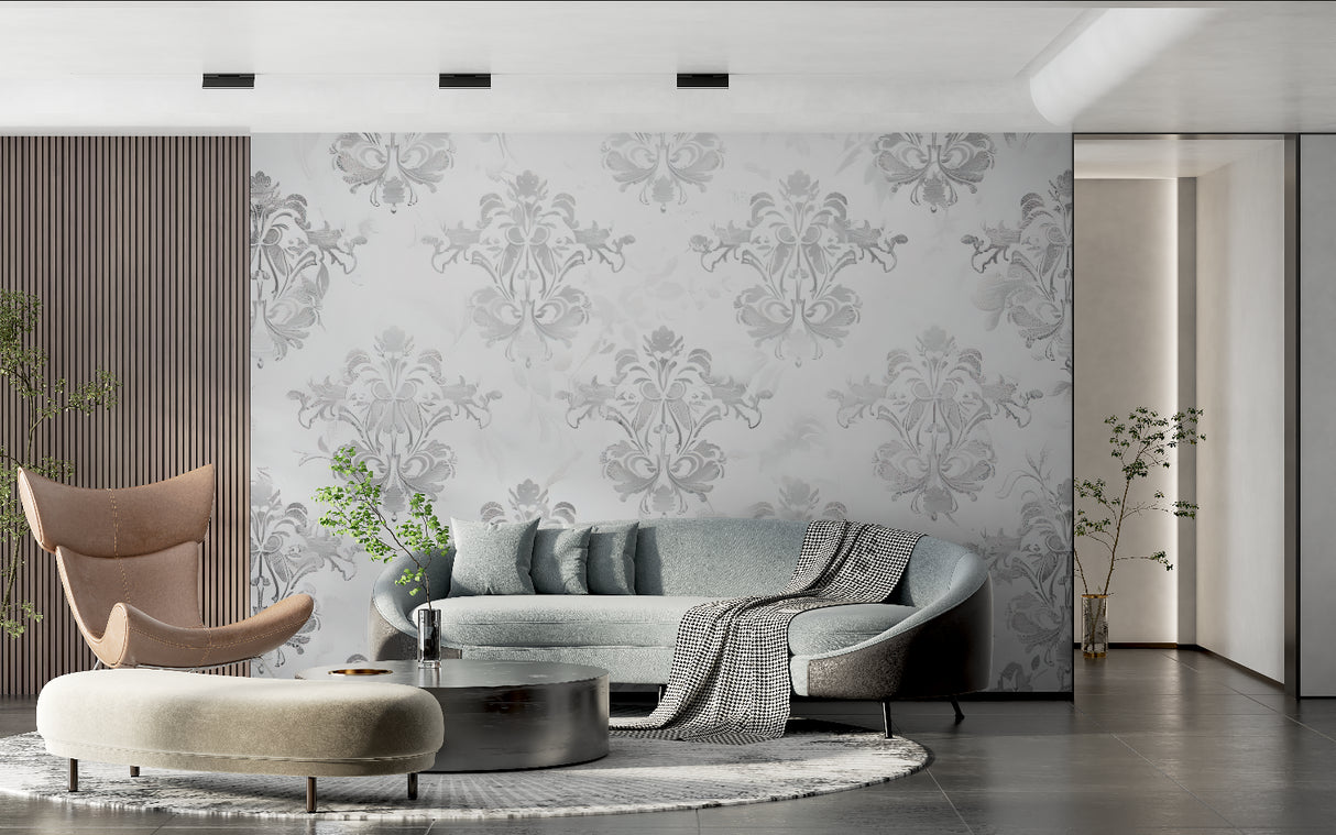 Damask mural wallpaper application in hallway showing pattern continuity