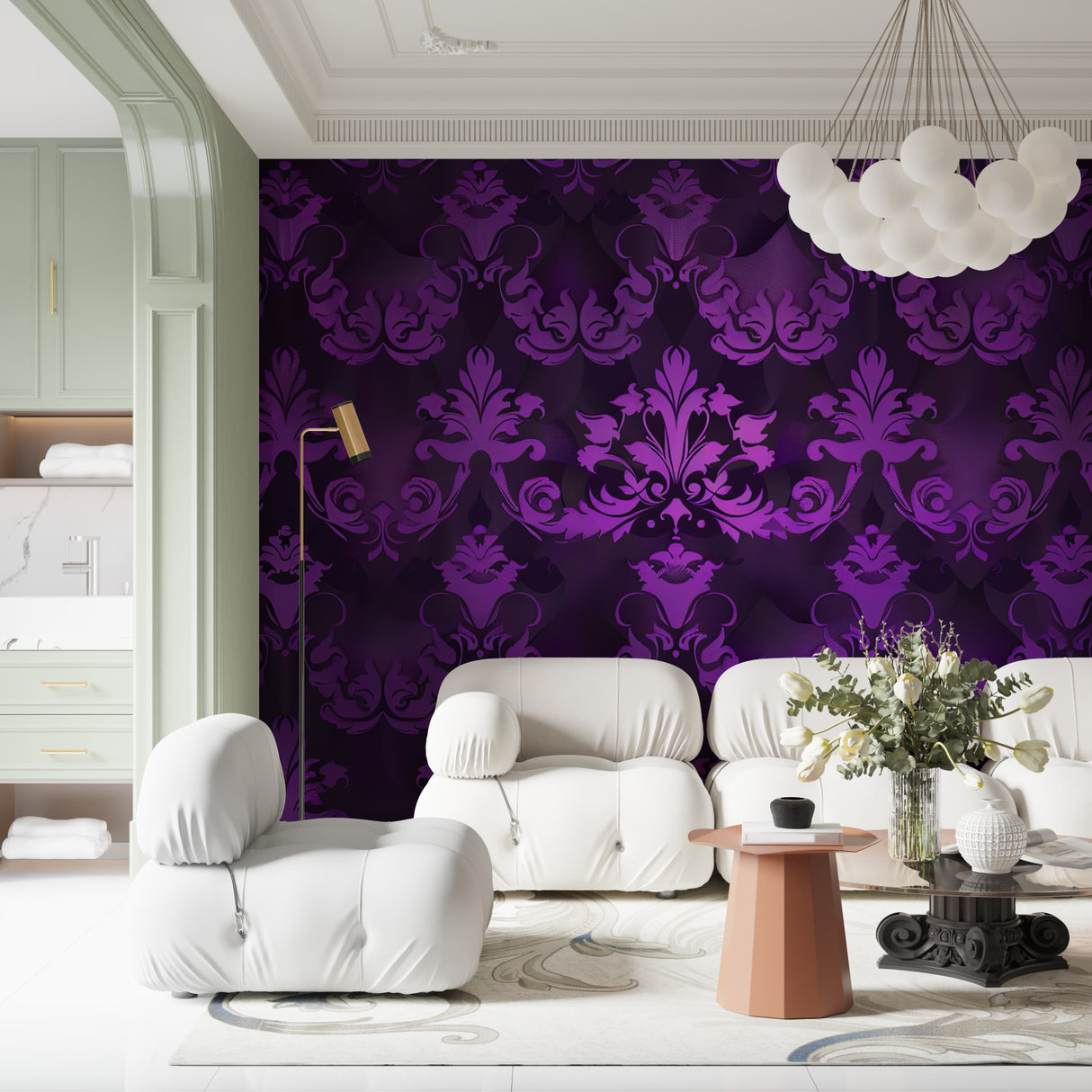 Purple and black baroque wallpaper in modern dining room with crystal chandelier