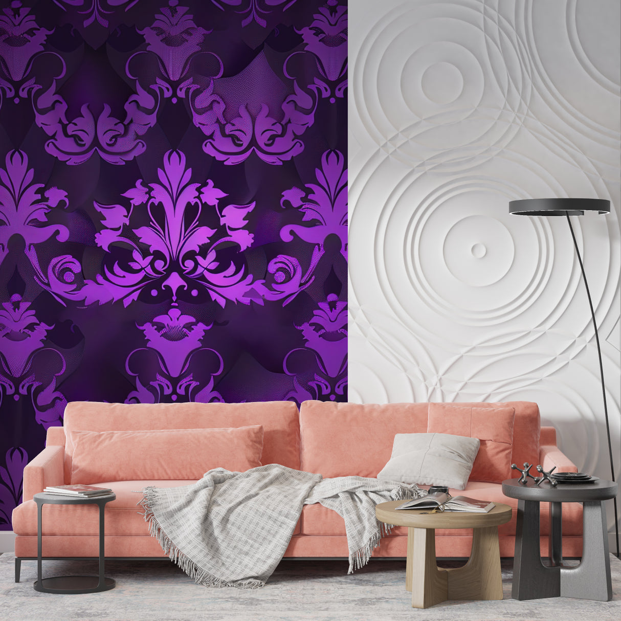 Elegant master bedroom featuring purple damask wallpaper with black accents