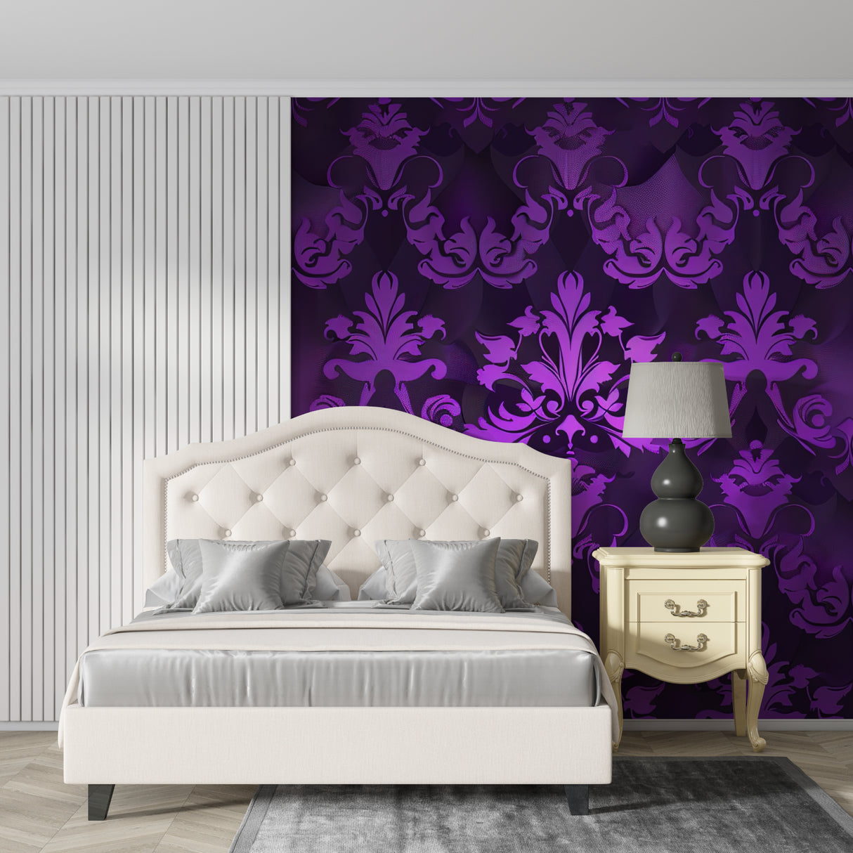 Luxury hotel lobby with purple baroque wall mural and gold fixtures