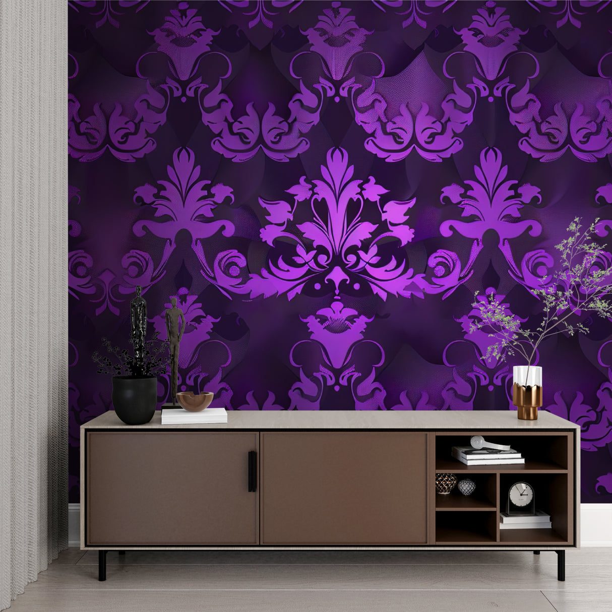 Home office with purple and black damask wallpaper accent wall