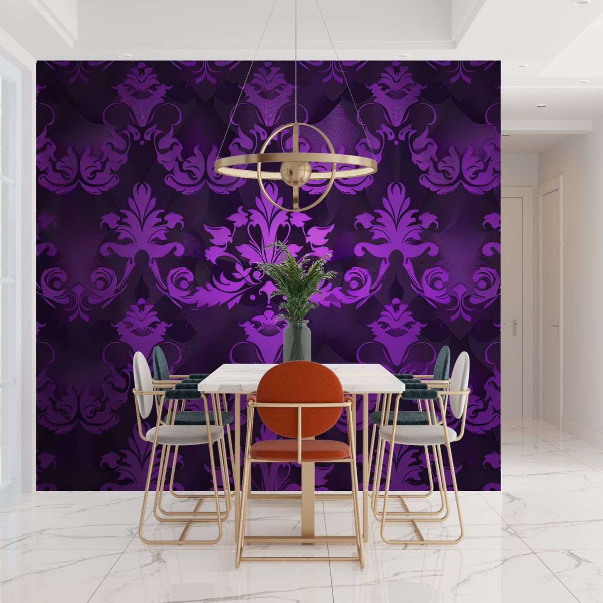 Victorian living room showcasing purple baroque wallpaper design