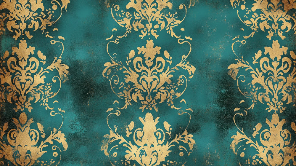 Emerald and gold baroque damask wallpaper design file showing intricate pattern details