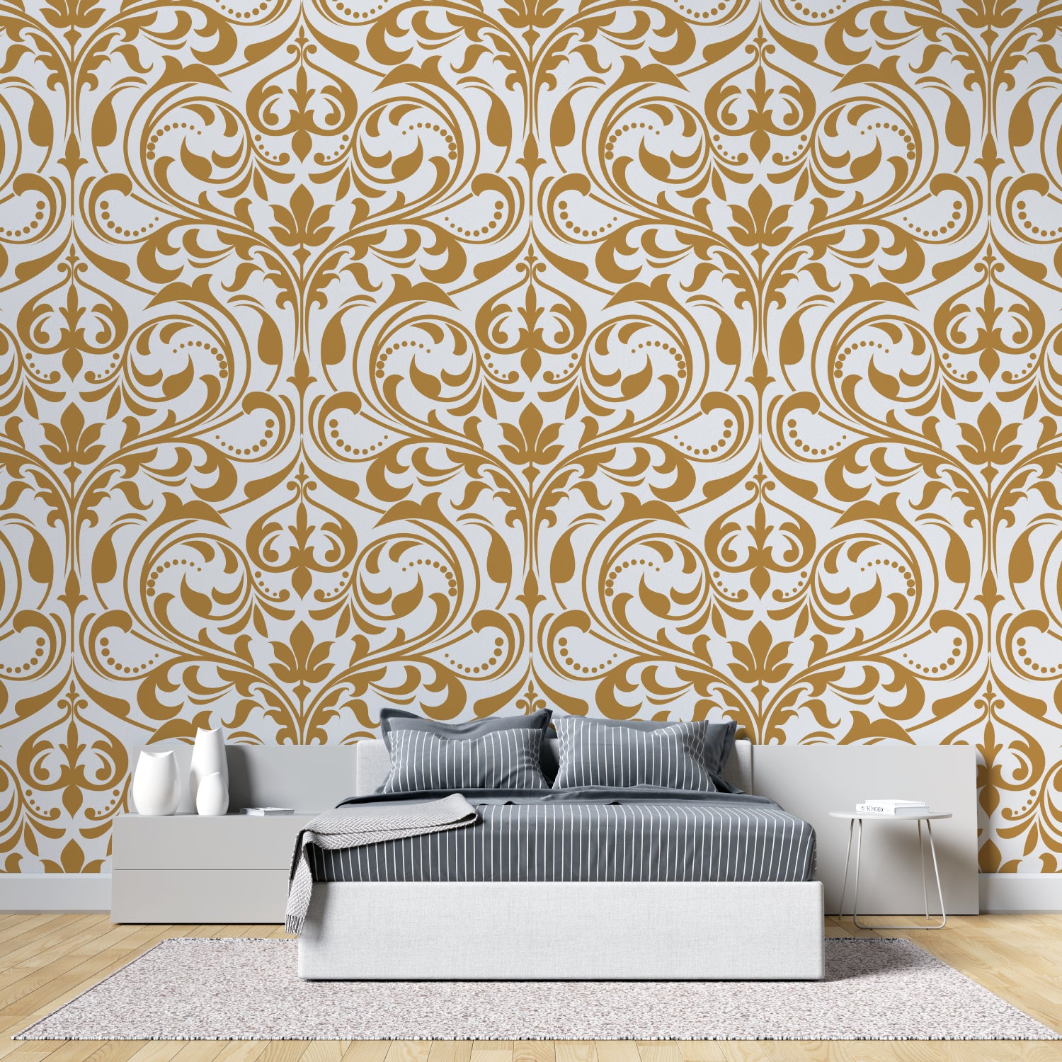 Luxury damask wall mural brightening up home office space with golden details