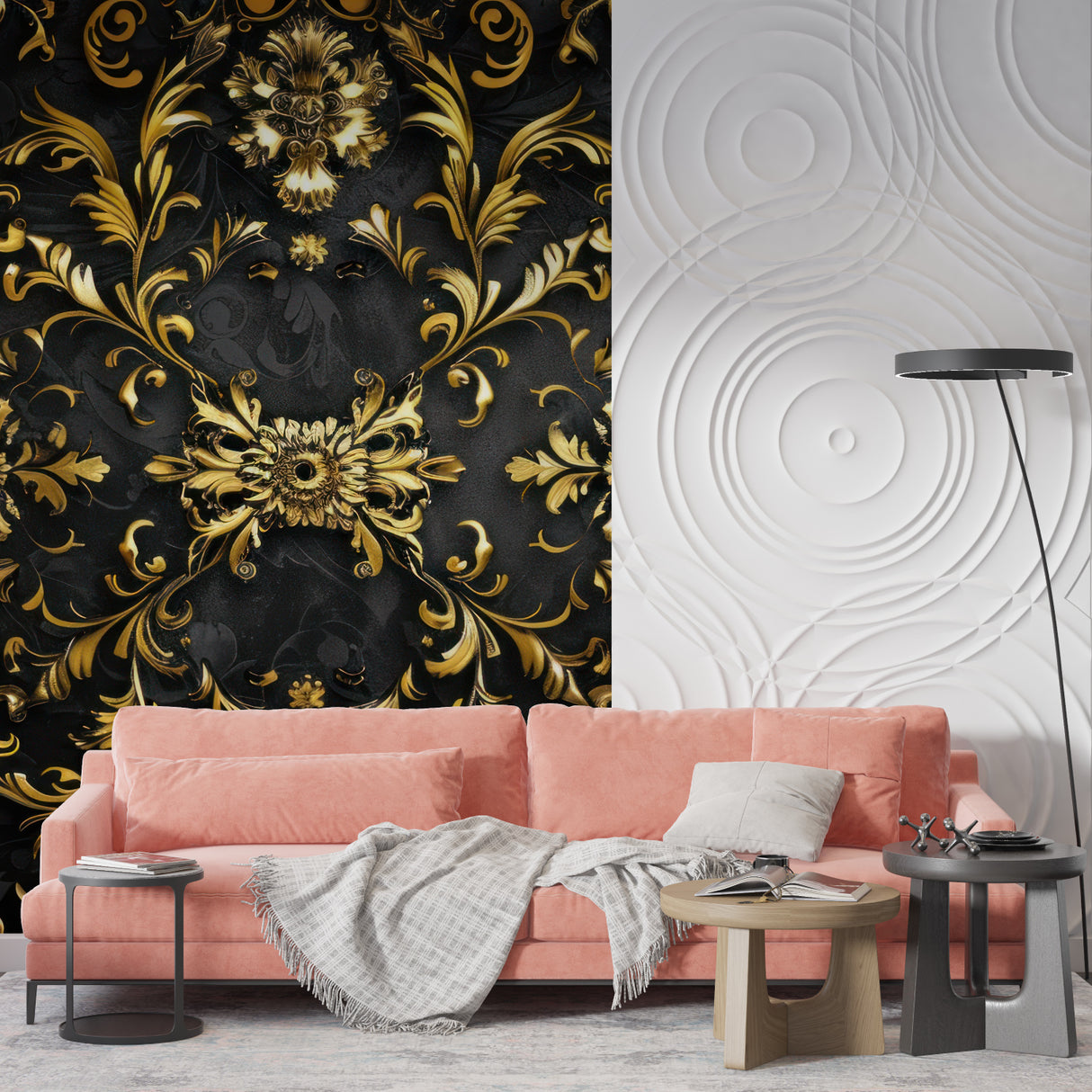 Black and gold baroque wallpaper in modern dining room showing dramatic pattern contrast