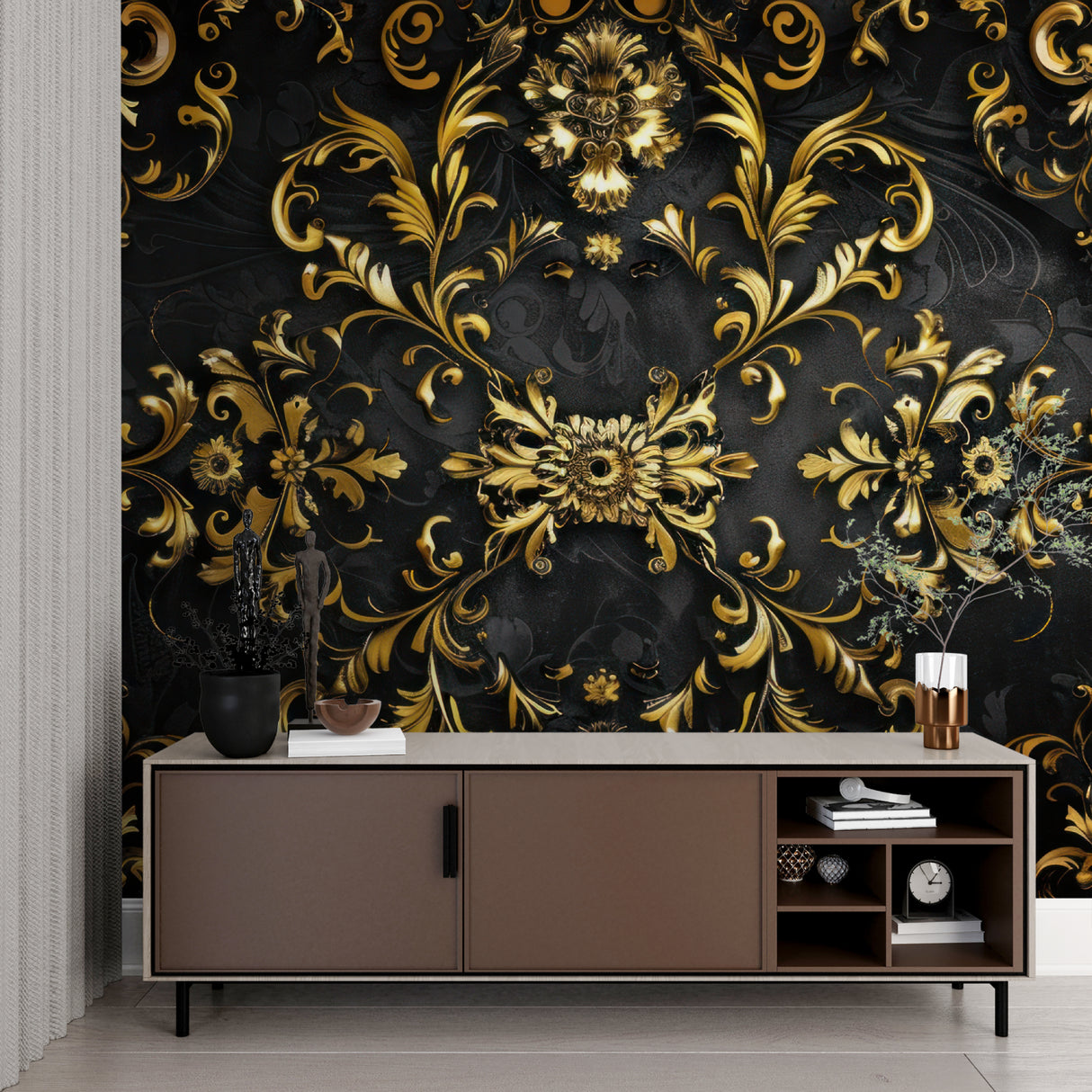Luxury baroque wallpaper creating focal point in master bedroom