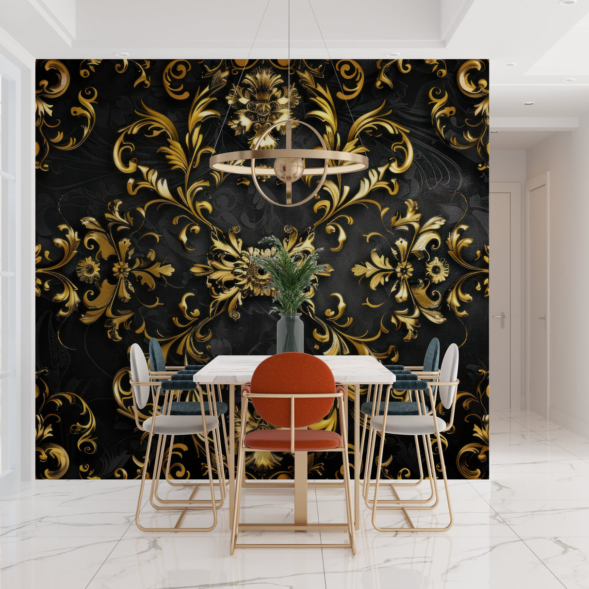 Black and gold baroque pattern adding elegance to hotel lobby wall