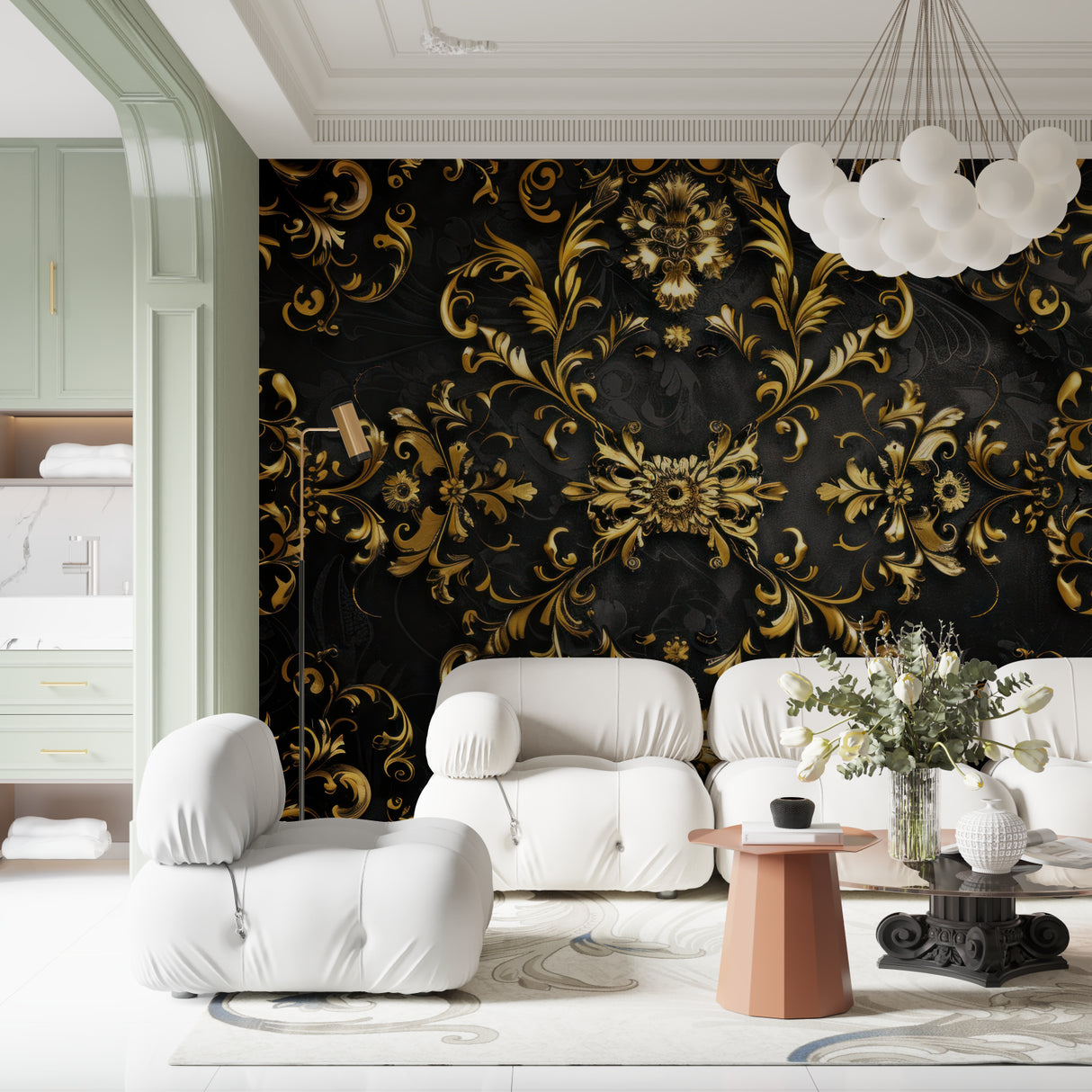 Baroque wallpaper in home office showing metallic gold details