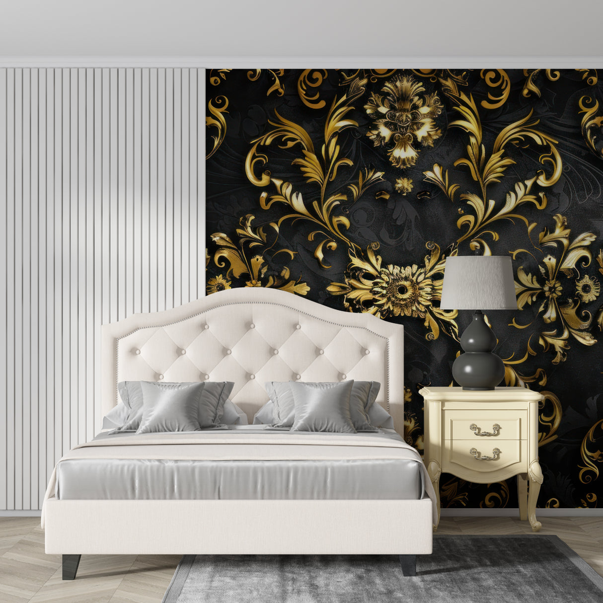 Close-up of baroque wall mural in living room with evening lighting