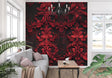 Baroque 3D damask wallpaper creating depth in modern living room with red and black tones