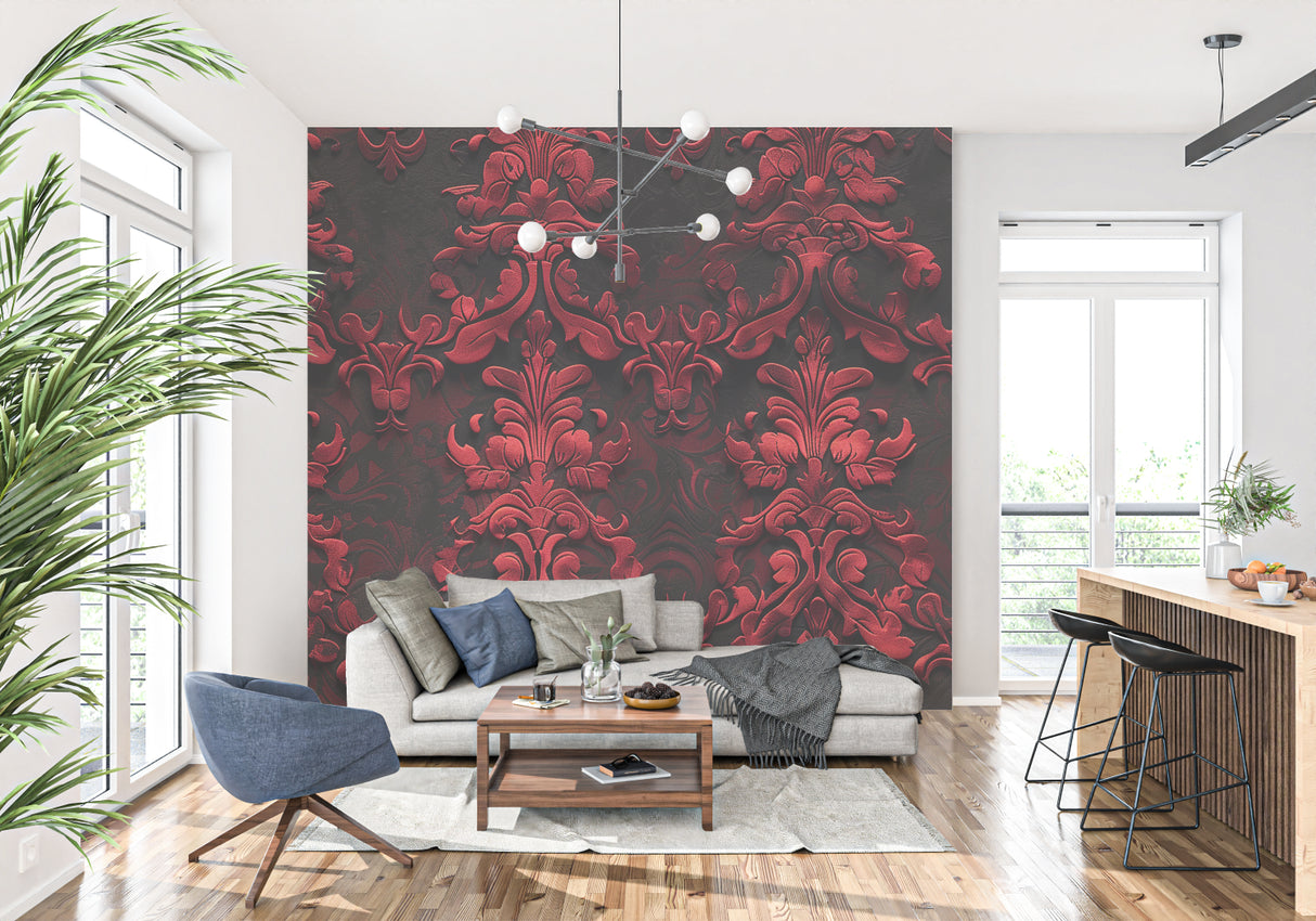 Red and black baroque wallpaper adding drama to master bedroom wall