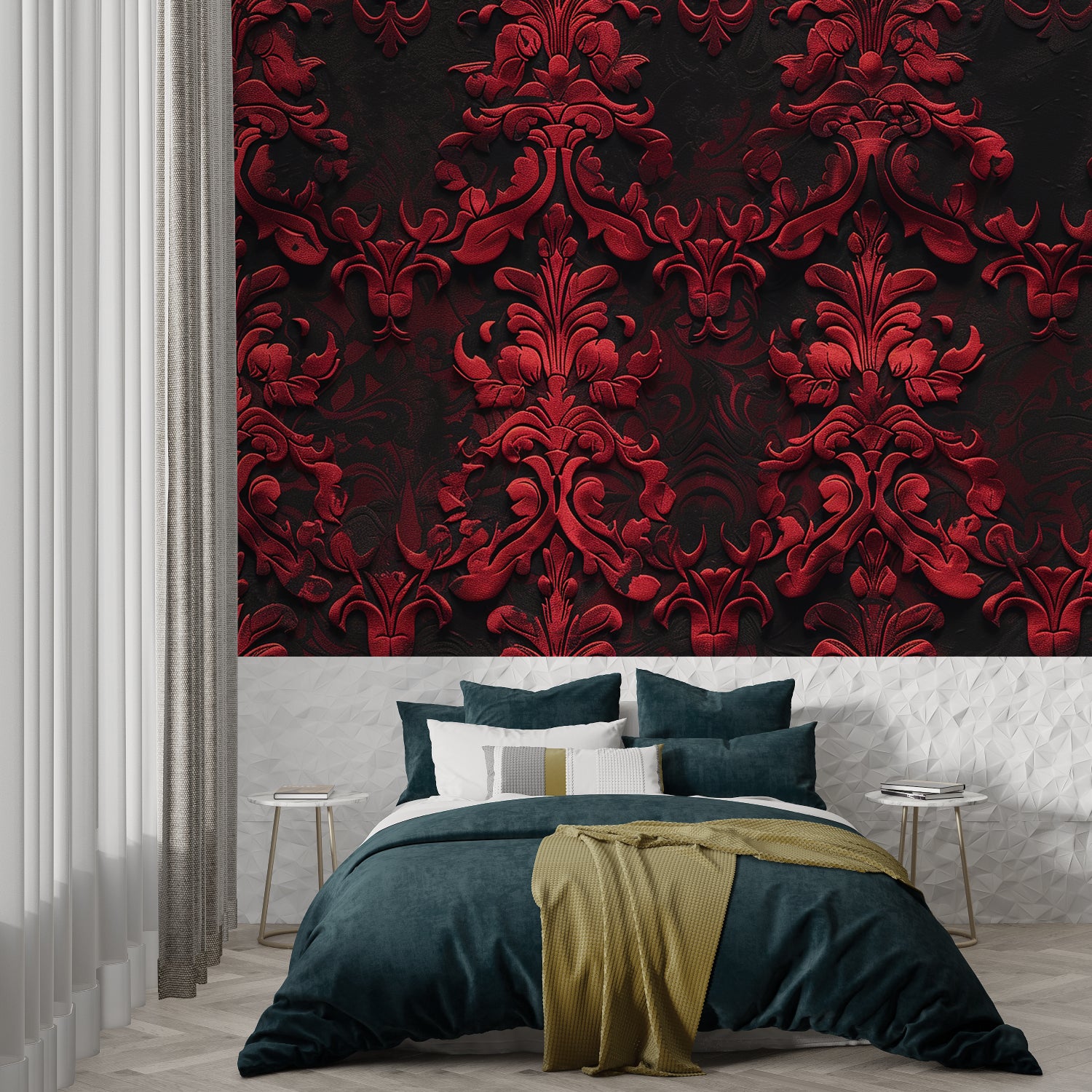3D damask pattern mural making statement in elegant dining room