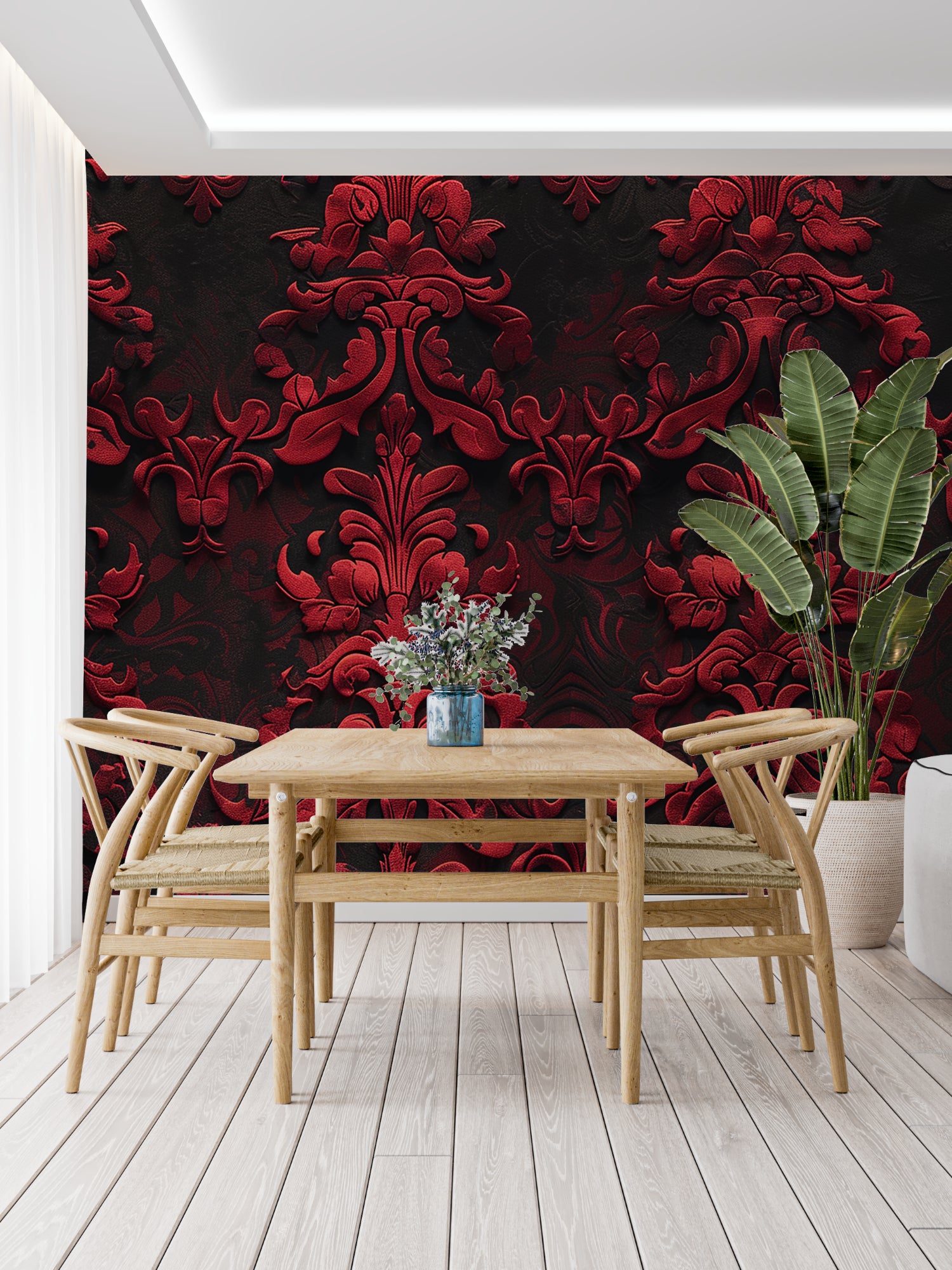 Baroque wallpaper with raised patterns in home office setting
