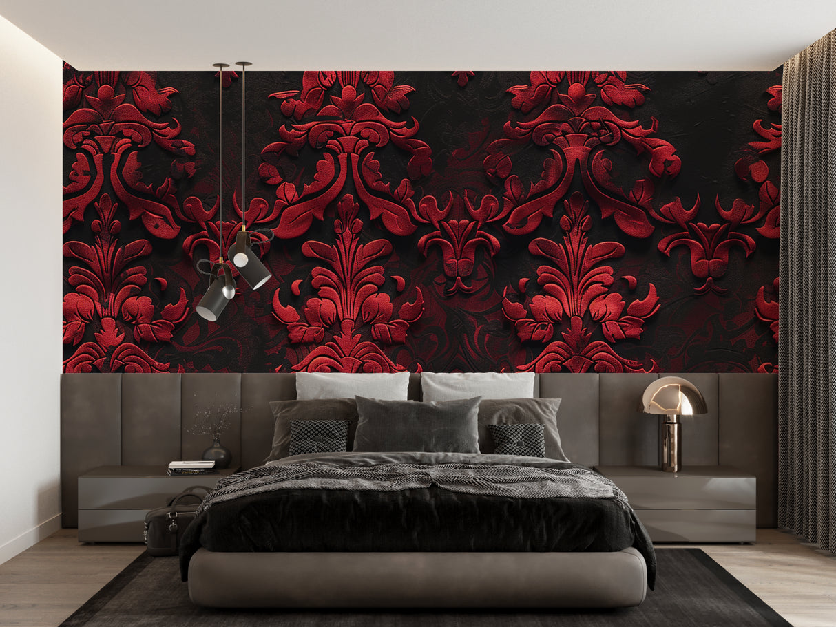 Red damask wall mural creating luxury feel in hotel lobby