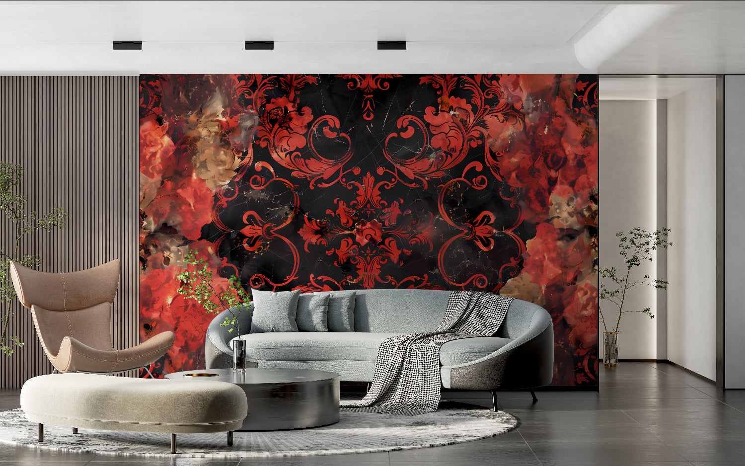 Red baroque wall mural adding drama to master bedroom with dark furniture