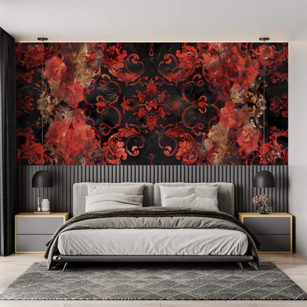 Luxury damask wallpaper creating statement wall in living room setting