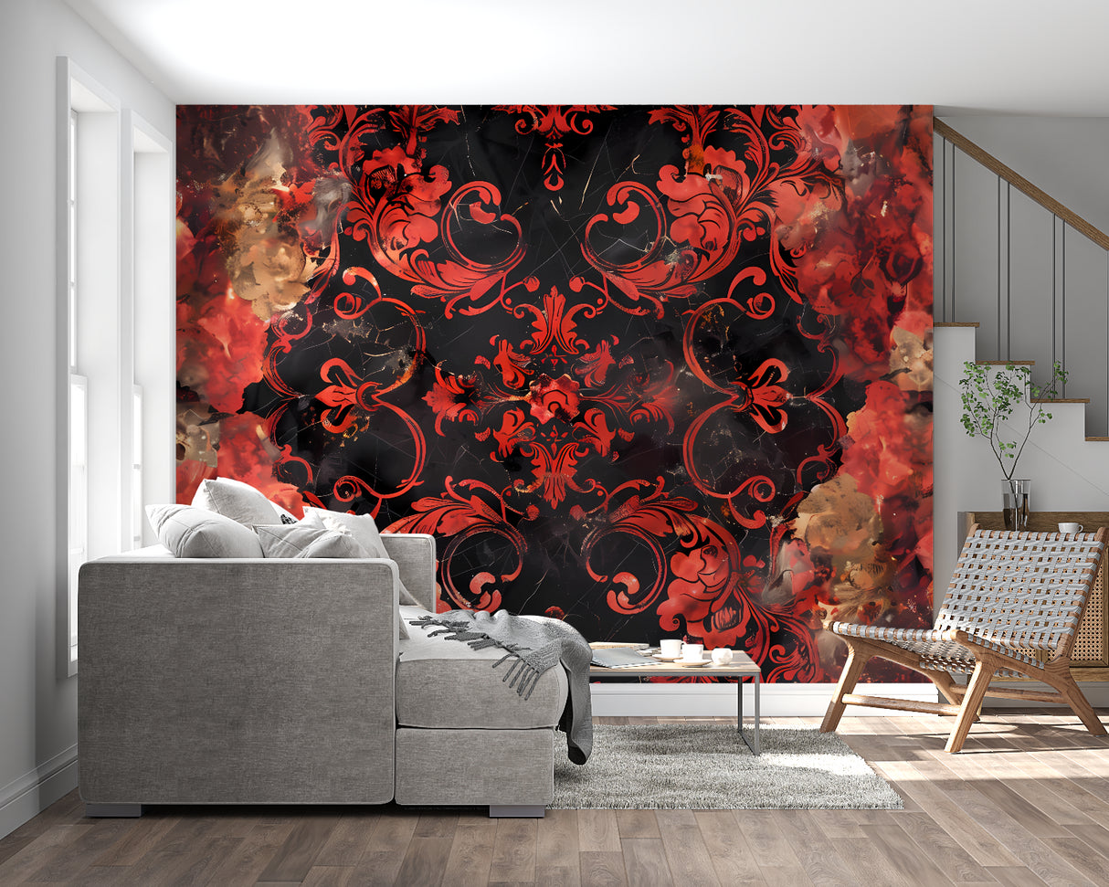 Black and red baroque pattern wallpaper in home office with modern desk