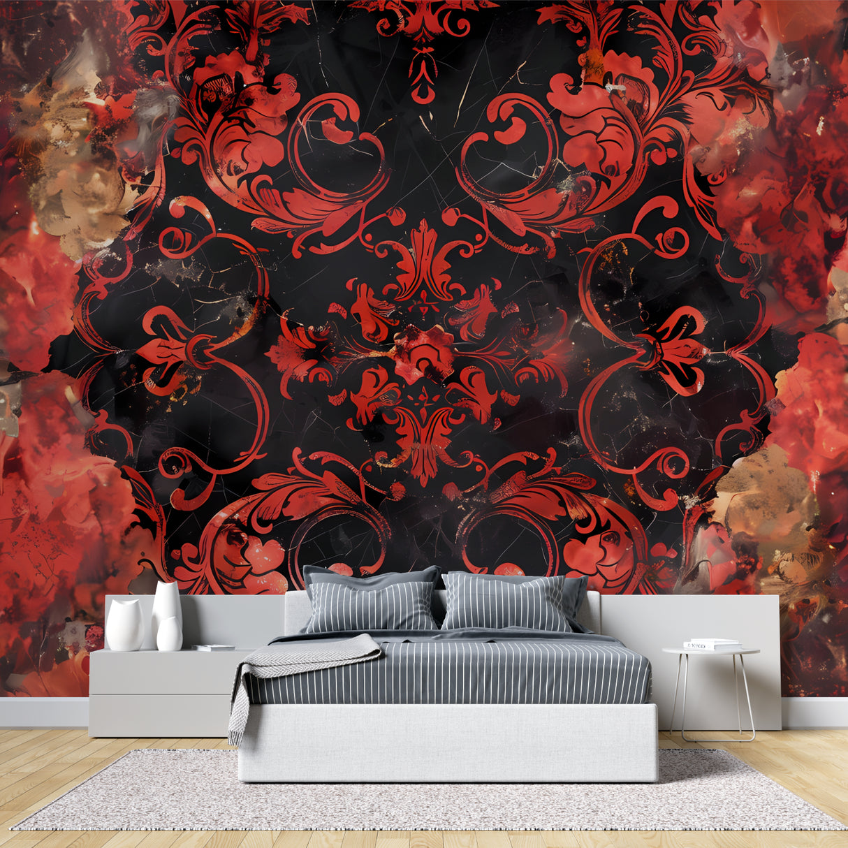 Dramatic damask wall mural in boutique retail space with accent lighting