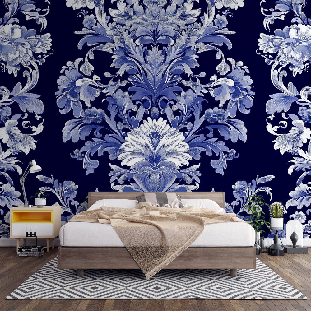 Baroque damask wallpaper in royal blue creating an elegant atmosphere in a modern living room with white furniture