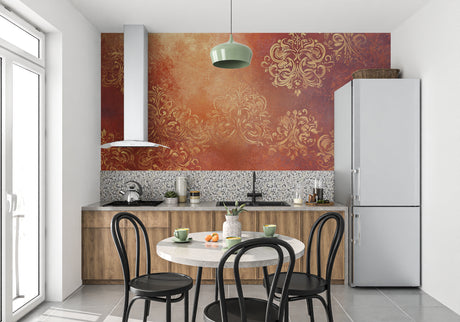 Baroque damask wallpaper in warm terracotta and gold tones creating an elegant dining room atmosphere