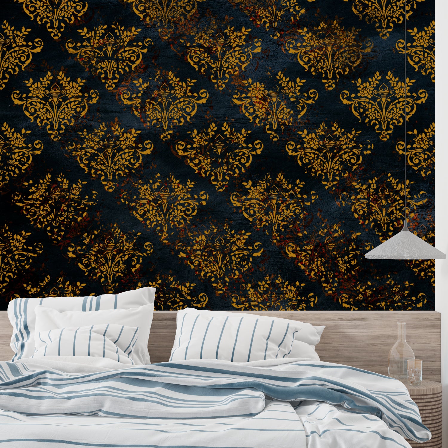 Baroque wallpaper in elegant dining room showing gold damask pattern against black background