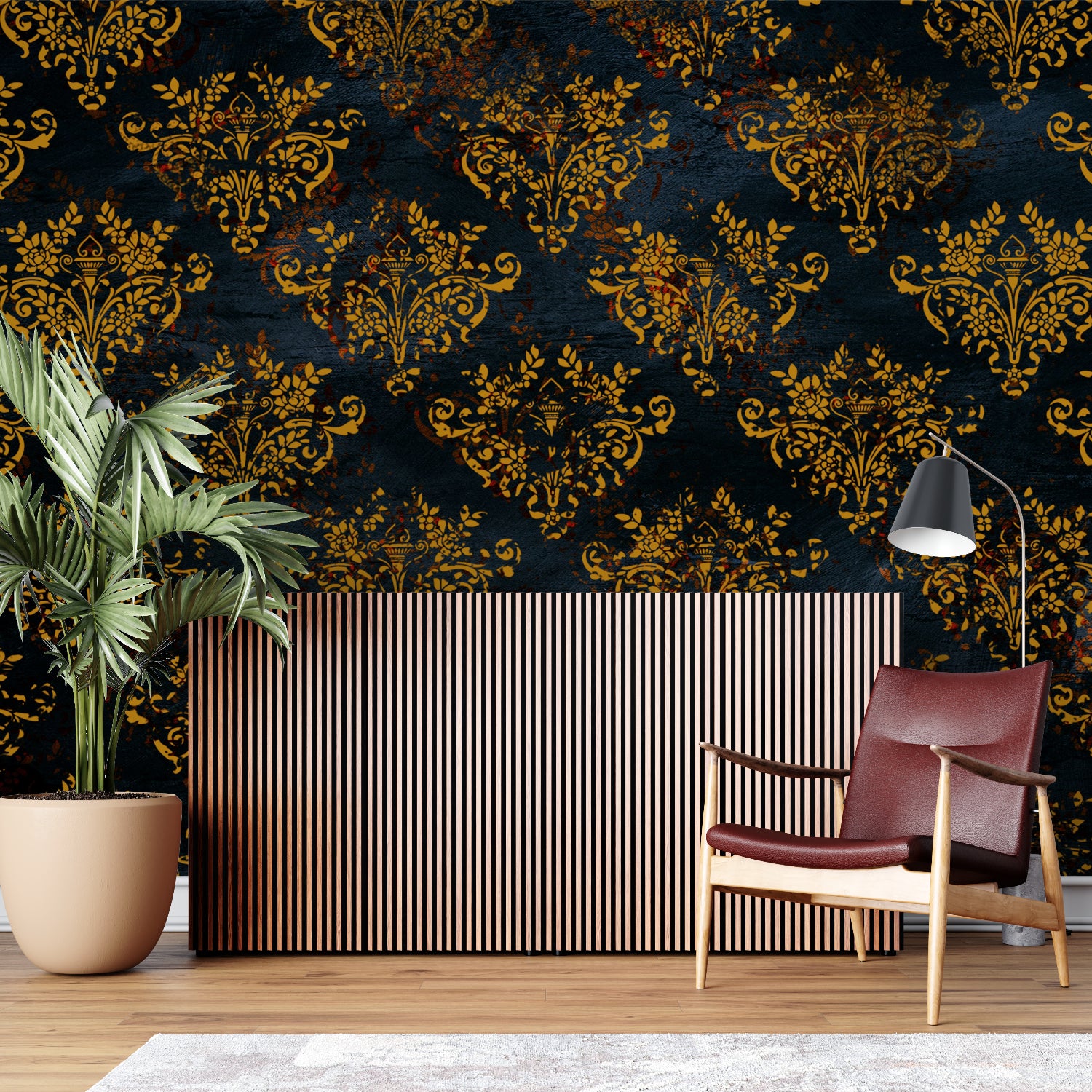 Black and gold damask wallpaper creating luxury atmosphere in master bedroom