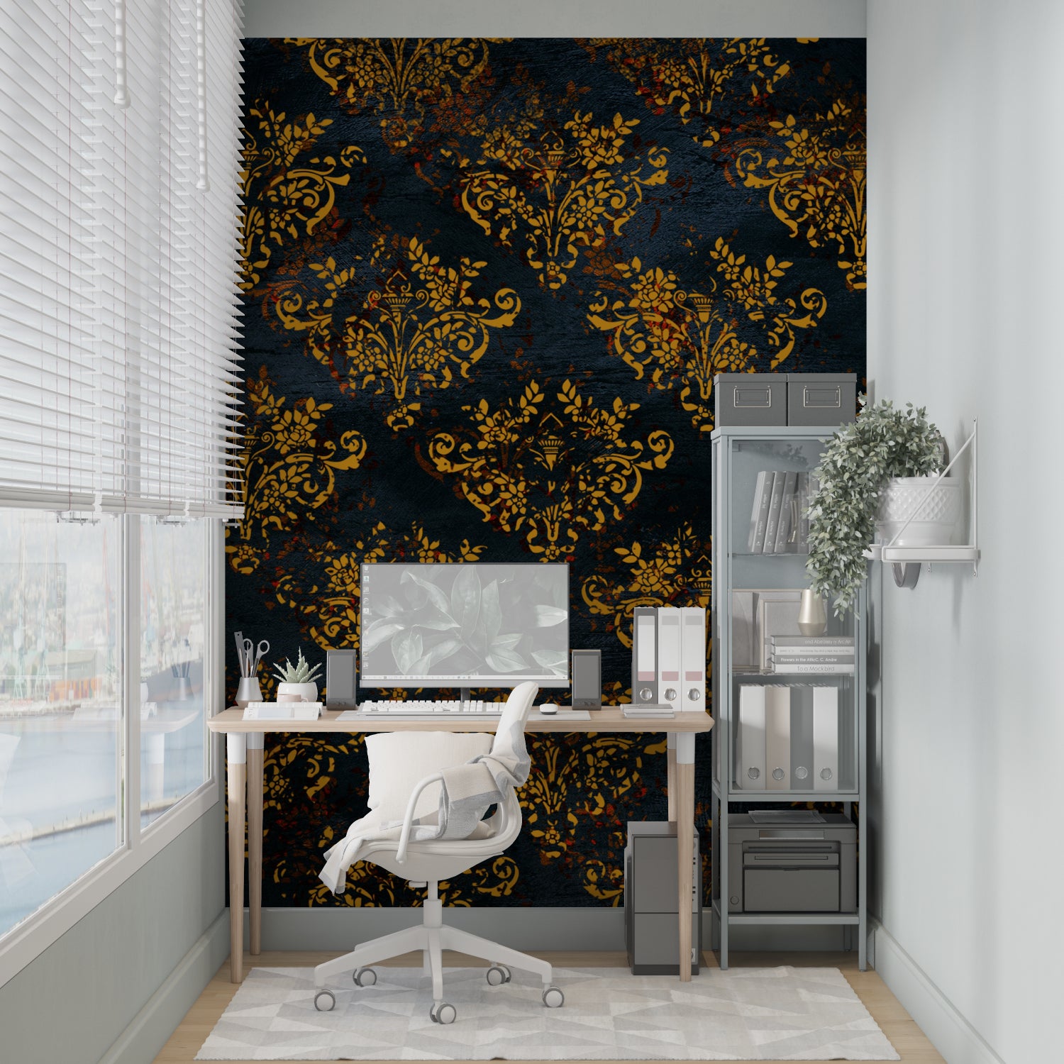 Baroque pattern mural making statement in modern living room