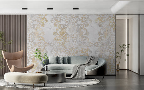 Baroque white and gold damask wallpaper in luxury living room setting showing intricate pattern detail